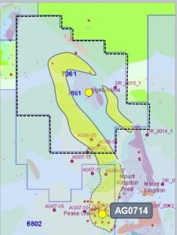 Algebuckina project-scale SARIG map — U²/Th radiometric signature over 30km strike, Cretaceous Cadna-Owie Formation, drill hole AG0714