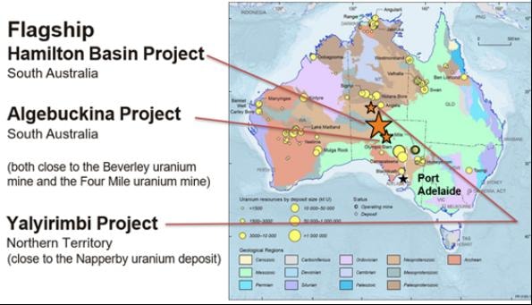 Map of Golden Age Exploration's three Australian uranium project locations — Hamilton Basin, Algebuckina, and Yalyirimbi