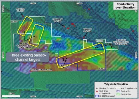 Yalyirimbi uranium project AEM conductivity map — three palaeo-channel targets, uranium occurrences, rock chip samples, EL/ELA tenure, Northern Territory