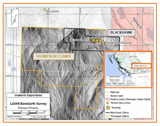 Thompson Claims property and location map, British Columbia